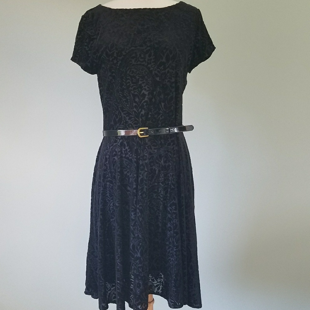 Lauren Ralph Lauren belted black velvet dress